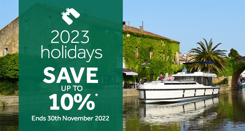 early booking offer up to 10% off with horizon boat in le somail in the background