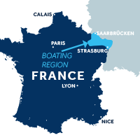 El mapa indica la región de navegación de Alsacia en Francia