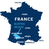 De kaart laat zien waar vaargebied Aquitanië ligt in Frankrijk 