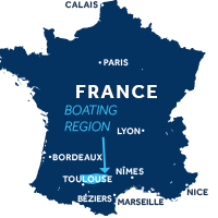 El mapa indica la región de navegación del río Lot en Francia